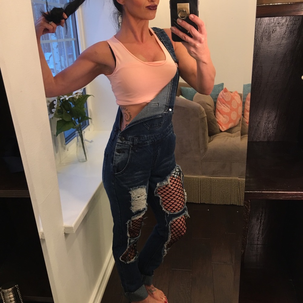 Fishnet insert boyfriend distressed denim overalls - Picture 4 of 8